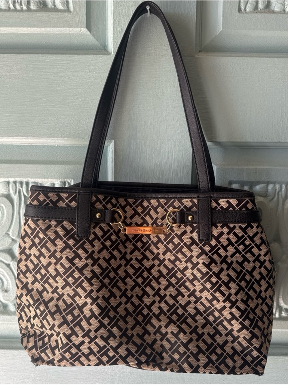 Tommy Hilfiger Brown Patterned Tote Bag with Black Trim